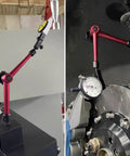 Front view: HFS 14" red adjustable tool stand with magnetic base and dial indicator holder