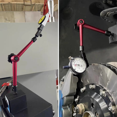 Front view: HFS 14" red adjustable tool stand with magnetic base and dial indicator holder