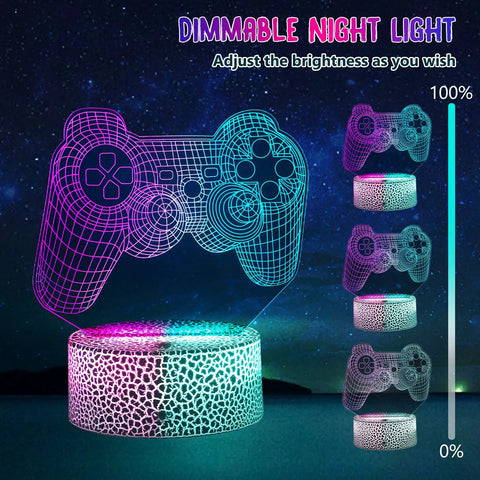 Dope Three Pack 3D Illusion Gamer Night Light With Dual Color Displays showing gamepad design and brightness settings