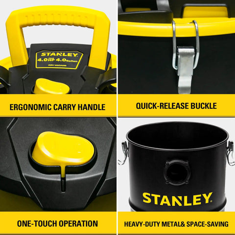 Heavy Duty 4 Gallon Ash Vacuum For Wood Stoves And Fireplaces with ergonomic handle, quick-release buckle, and durable metal canister.