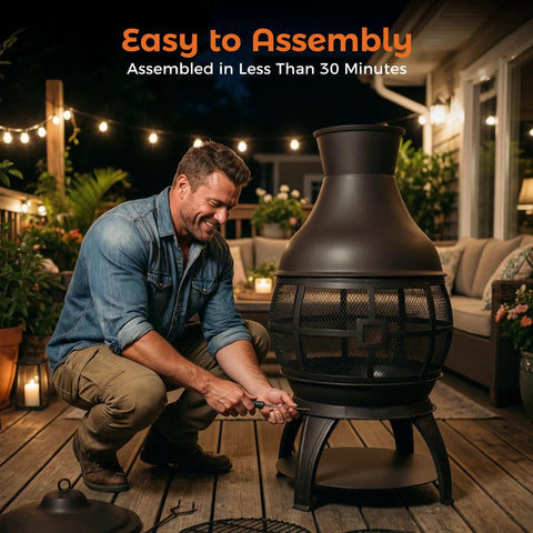 Man assembling a Chiminea Outdoor Fireplace Wood Burning Fire Pit for Backyard and Camping in Brown Black Finish on a deck