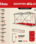 Quickfish Six Person Portable Pop Up Ice Fishing Shelter With Fully Quilted Insulation No Trip Door And Deluxe Anchors For Hell Of A Winter Setup In Red Black dimensions diagram displaying shelter size and weight.