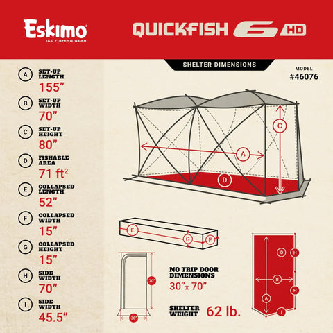 Quickfish Six Person Portable Pop Up Ice Fishing Shelter With Fully Quilted Insulation No Trip Door And Deluxe Anchors For Hell Of A Winter Setup In Red Black dimensions diagram displaying shelter size and weight.