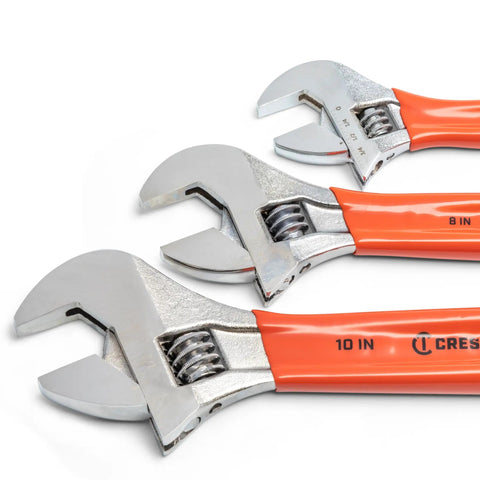 Three Piece Adjustable Cushion Grip Wrench Set With 6 Inch, 8 Inch And 10 Inch Jaw Wrenches, Wide Knurl, Laser Etched Scale