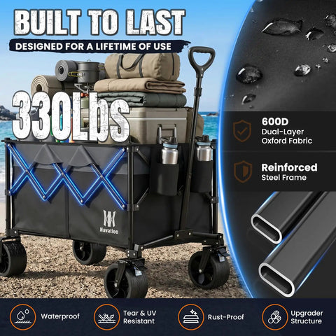 330Lbs Collapsible Folding Wagon With All Terrain Wide Wheels displayed loaded with camping gear