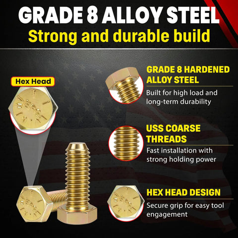 Grade 8 Hex Head Bolts showcasing alloy steel design, US coarse threads, and hex head for secure grip. Heavy Duty 1/4-20 X 1 Inch Grade 8 Hex Head Bolt Quenched Tempered Alloy Steel Design For Dead Tight Security And Rugged Workbench Projects Or Street Rod Restos.