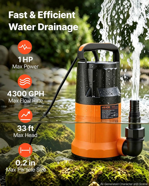 Rock Solid Submersible Water Pump 1 Horsepower 4300 Gallons Per Hour in water, showcasing its durable design and drainage capabilities.