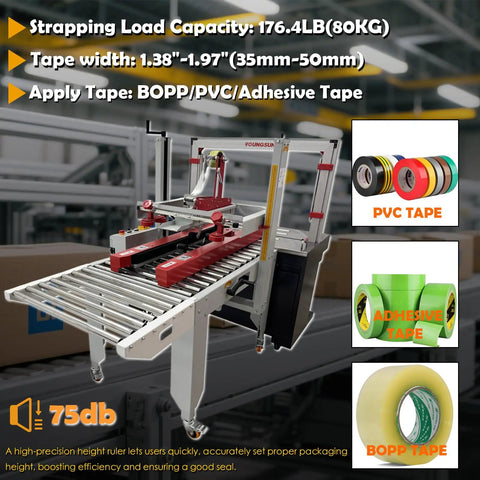 Top Shelf Automatic Carton Sealer And Strapping Machine Combo with roller conveyor and tape options, designed for busy warehouses.