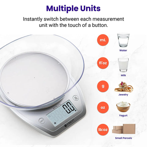 0.1g Precision Digital Kitchen Scale with Removable Bowl for Grams and Ounces Weighing Multiple Units Display