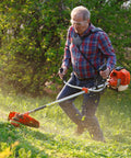 Man using a grass trimmer with 60 Pack String Trimmer Blades Replacement Set for Weed Eater Wacker Blades with Universal Fit, Red