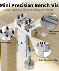 Built Tough Mini Drill Press Vise And C Clamp Desktop Mount With Slick Aluminum Body for stable clamping on a wooden table.