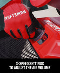 Close-up of adjusting knob on V20 Max Cordless 12 Inch Portable Fan with Dual Power Battery or AC, 1400 CFM, 3 Speed Settings.