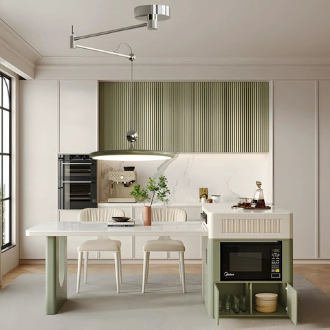 Modern kitchen with French Cream Dome Swing Arm Hanging Lamp With Acrylic Shade Pendant Light Iron Body Dope Three Color Temperature Modes