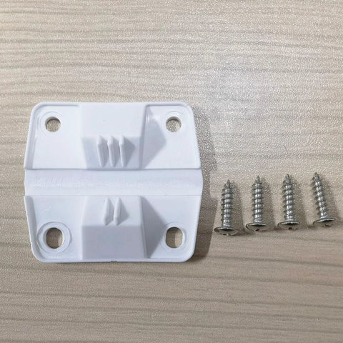 Hinge replacement plate, white plastic; front view showing four screw holes and four steel screws