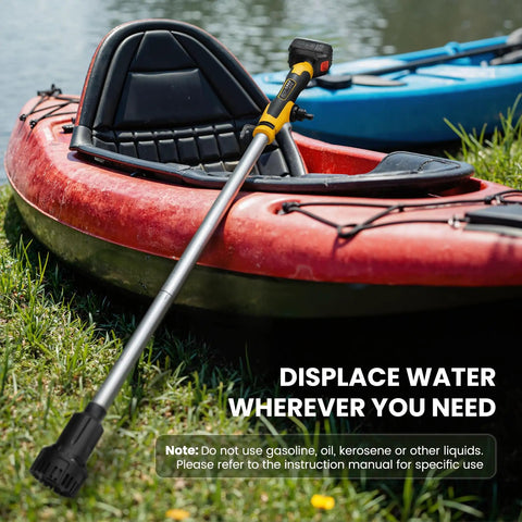 Rock Solid Cordless Stick Water Transfer Pump Plug Right Into Your Makita 21V Battery, shown on a kayak for outdoor drainage.