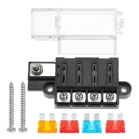 4 Circuit Fuse Block With Marine Cover For ATO ATC Fuses, A Real Workhorse That Handles Up To 100 Amps Per Block, 32V DC, black fuse block with cover, screws and assorted fuses