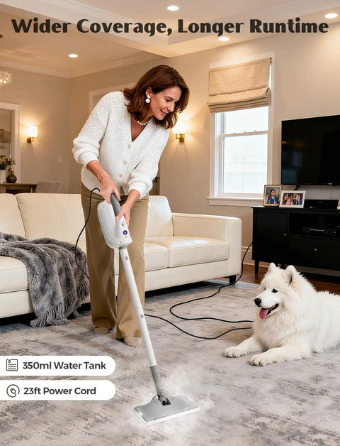 Woman using Level Up Your Routine With This Kickin 10 In 1 Steam Mop And Detachable Handheld Cleaner on carpet near a dog.
