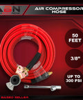 50 Foot 3 By 8 Inch Air Compressor Hose 300 PSI Heavy Duty Lightweight PVC Flex with air chuck and fittings visible