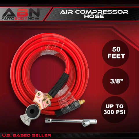 50 Foot 3 By 8 Inch Air Compressor Hose 300 PSI Heavy Duty Lightweight PVC Flex with air chuck and fittings visible