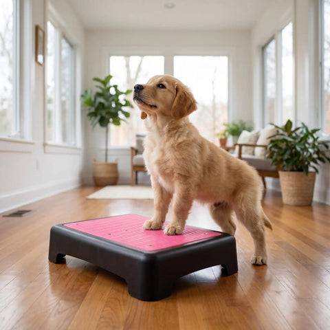 Puppy on Non Slip Dog Training Platform For Agility And Obedience Practice Portable Indoor Outdoor Stand 17 By 13 Inch pink surface.