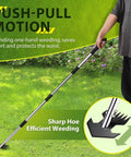 Person using Rocket Shaped One Hand Garden Hoe For Weeding Adjustable 30 To 60 Inch Steel Handle Dual Use Hula Hoe with sharp edges