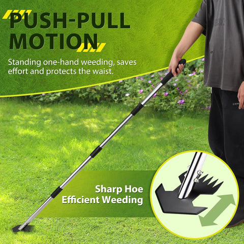 Person using Rocket Shaped One Hand Garden Hoe For Weeding Adjustable 30 To 60 Inch Steel Handle Dual Use Hula Hoe with sharp edges