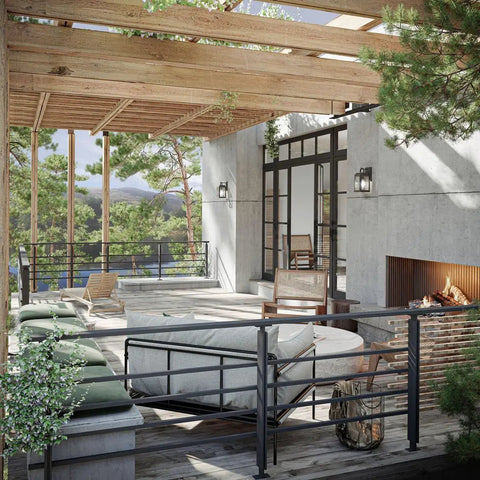 Porch Ready Farmhouse Outdoor Wall Lantern With Clear Glass Panes And Textured Black Finish mounted on concrete wall on a patio
