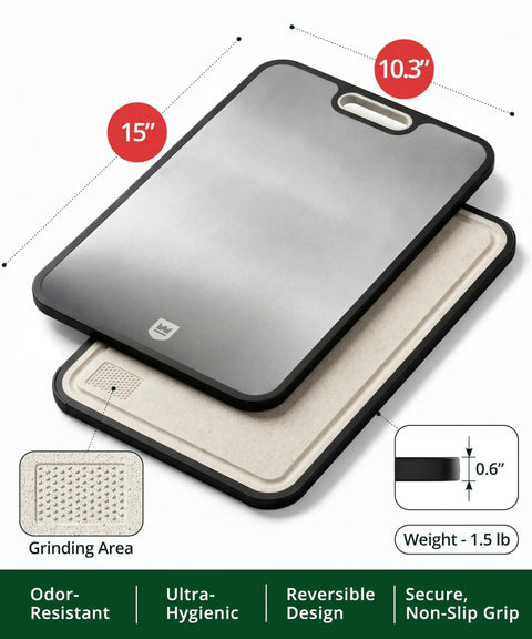 Titanium Cutting Board Set Of 2 Pro Grade Double Sided Kitchen Chopping Board With Juice Groove Easy To Clean Blue Metal Cutting Board For Meat Prep And Daily Cooking, showing dual surfaces and dimensions.
