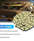 Heavy Duty 428H Dirt Bike Chain Kit With 130 Links And 6 Master Links Plus Chain Breaker For 110Cc 125Cc 150Cc 200Cc 250Cc ATV Pit Bike And Scooter Ready shown with 130-link gold chain and sprocket close-up
