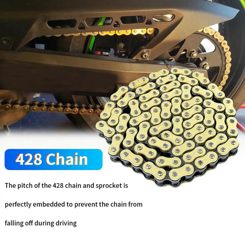Heavy Duty 428H Dirt Bike Chain Kit With 130 Links And 6 Master Links Plus Chain Breaker For 110Cc 125Cc 150Cc 200Cc 250Cc ATV Pit Bike And Scooter Ready shown with 130-link gold chain and sprocket close-up