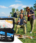 Snake Bite And Bee Sting First Aid Kit With Venom Extractor Suction Pump For Outdoor Adventures Camping And Hiking Includes Suction Cups Alcohol Pads Bandages Razor Mask And Instruction Card next to a family camping outdoors.