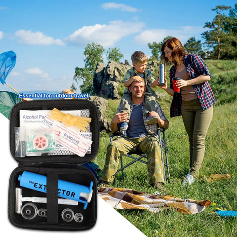 Snake Bite And Bee Sting First Aid Kit With Venom Extractor Suction Pump For Outdoor Adventures Camping And Hiking Includes Suction Cups Alcohol Pads Bandages Razor Mask And Instruction Card next to a family camping outdoors.