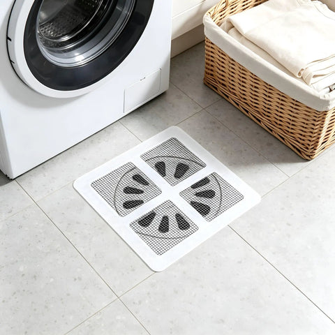 Hair Drain Stickers 100Pcs Disposable Self Adhesive mesh filter placed on tiled floor near washing machine.