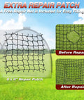 Backyard Batting Cage 30x10x10 Ft With Zipper Door 4 Ply Anti Tear Netting featuring repair patch before and after