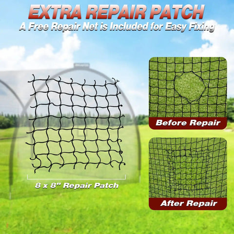 Backyard Batting Cage 30x10x10 Ft With Zipper Door 4 Ply Anti Tear Netting featuring repair patch before and after