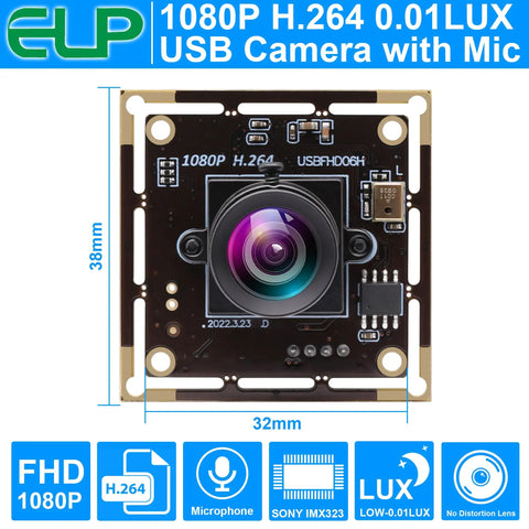 Front view of Sony IMX323 Low Light USB Camera Module With 100 Degree Wide Angle No Distortion Lens 1080P HD Video H264 UVC USB 2.0 Webcam Board For Computer And Laptop
