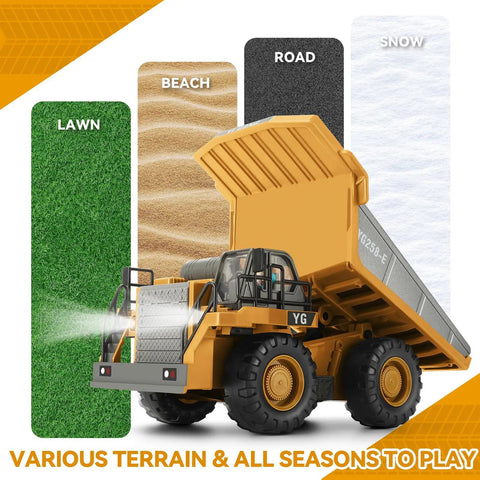 Remote Control Dump Truck For Kids Nine Channel RC Construction Vehicle shown on diverse terrains including lawn, sand, road, snow