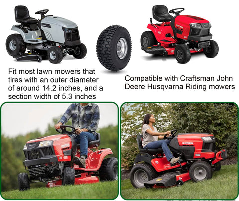 Front Tire And Wheel For 15x6.00-6 Lawn Mower Fits Riding Mowers From Craftsman Husqvarna And Deere, displayed on mowers