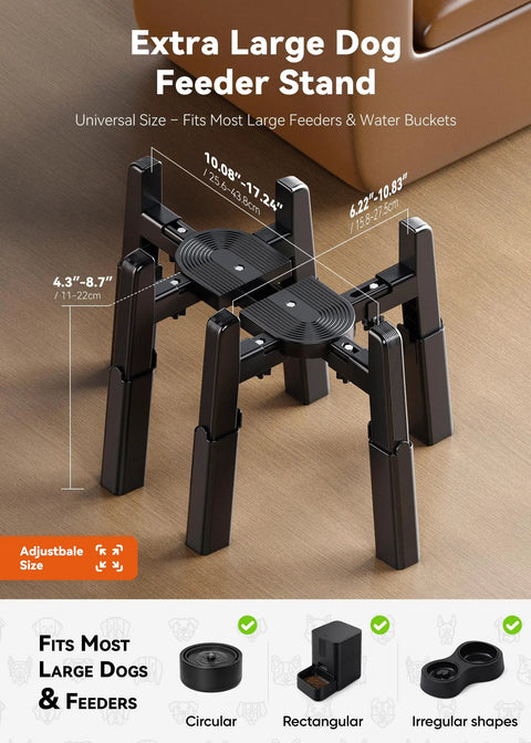 Fully Adjustable Extra Large Dog Bowl Stand For Big Paws Custom Height Width Length Sturdy Pet Water Dispenser Holder Stand Only showing adjustable sizes and dimensions for large feeders.