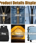 Product details display featuring 43 Piece Zipper Repair Kit With Universal Zipper Pulls for jackets, jeans, coat, backpack, tent, suitcase.