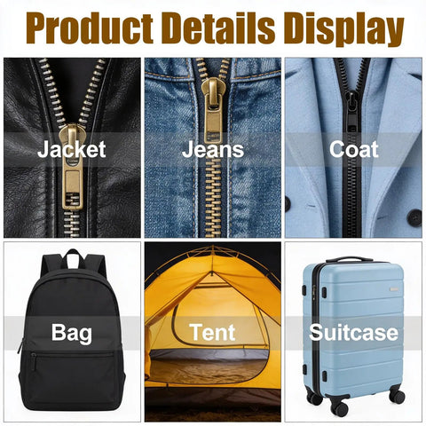 Product details display featuring 43 Piece Zipper Repair Kit With Universal Zipper Pulls for jackets, jeans, coat, backpack, tent, suitcase.
