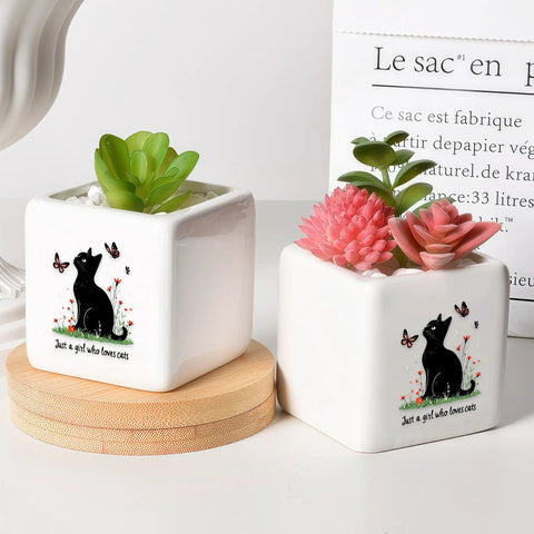 Black Cat Ceramic Succulent Planter With Drainage Hole For Small Plants featuring a cute kitty face design and colorful flowers
