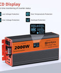 No Sweat Campground Ready 2000 Watt Pure Sine Wave Inverter Car Power Converter with LCD display showing inverter status.