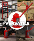 Red 20-ton hydraulic bottle jack with a long lifting lever for automotive work; collage showing workshop and outdoor use