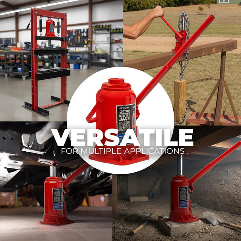Red 20-ton hydraulic bottle jack with a long lifting lever for automotive work; collage showing workshop and outdoor use