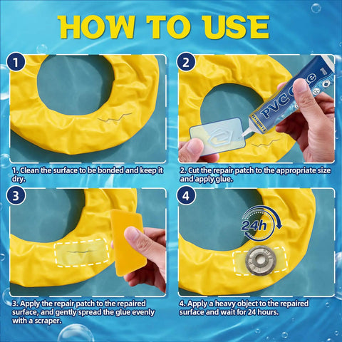 Step-by-step guide on using Ultra Strong Inflatable Patch Repair Kit for air mattresses, pools, tents, hot tubs, and inflatables.