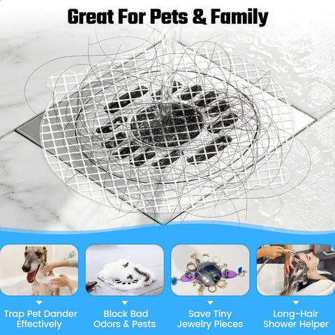 Game Changing Disposable Shower Drain Hair Catcher With Slick Peel And Stick Adhesive For No Worries Bathroom Tub Filter Upkeep And Super Reliable Daily Hair Clog Prevention 30 Pack on a drain catching hair and debris.