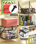 Two Pack Wall Mounted Garage Shelves With Wire Baskets And Hooks Heavy Duty Tool Organizer installed with DIY configurations