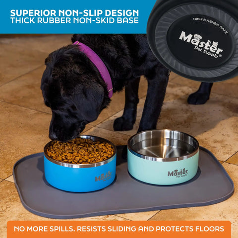Game Changer Rock Solid Extra Thick Stainless Steel Dog Bowl 64 Oz Large Heavy Duty Pet Water And Food Dish with rubber non-skid base.
