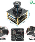 4K 60fps USB C HDMI Camera For Computers And Laser Engravers with dimensions and connectors displayed, suitable for Raspberry Pi.